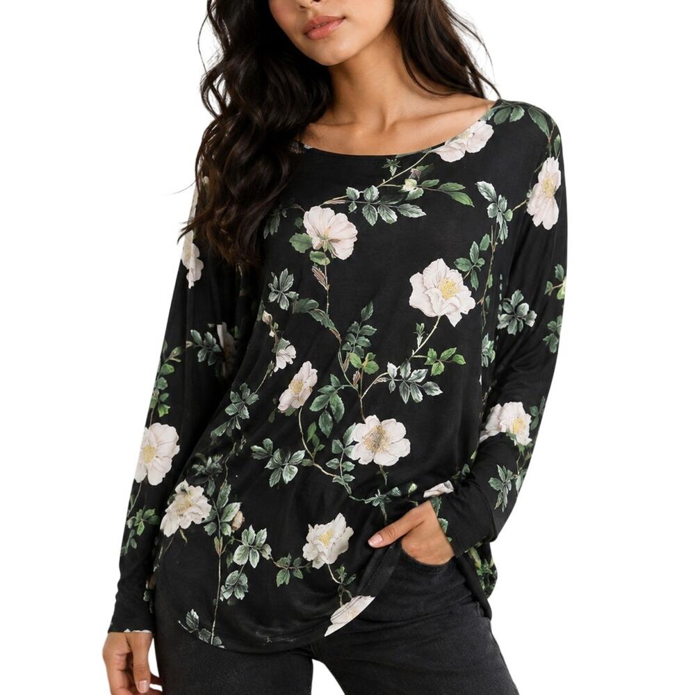 H&M Black Floral Long Sleeve Viscose Jersey Flowy Top Small Whimsigoth